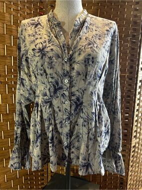 Coco Deal Floral Tie Back Peplum Blouse Blue Taupe Button Front Top Cottagecore